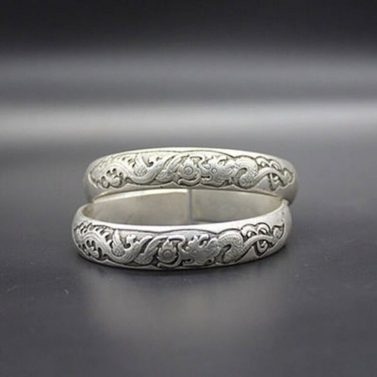Handcarved Dragon Phoenix Bracelet Pair Old Chinese Tibet Silver