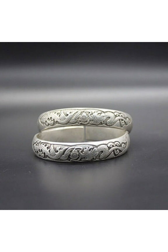 Handcarved Dragon Phoenix Bracelet Pair Old Chinese Tibet Silver