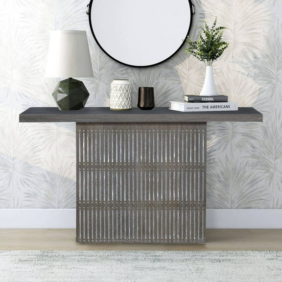 Handcarved Modern 31 Inch Tall Console Table | Distressed Gray Natural Finish Wood | Solid Wood Square Hallway Table | Indian Furniture