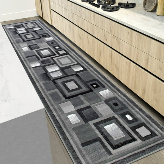 Handcraft Abstract - Black/Silver/Gray Geometric Modern Squares Pattern Area Rug 2 ft. by 7 ft. Runner.