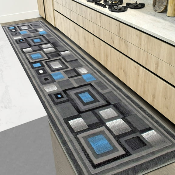 Handcraft Abstract - Blue/Silver/Gray Geometric Modern Squares Pattern Area Rug 2 ft. by 7 ft. Runner.