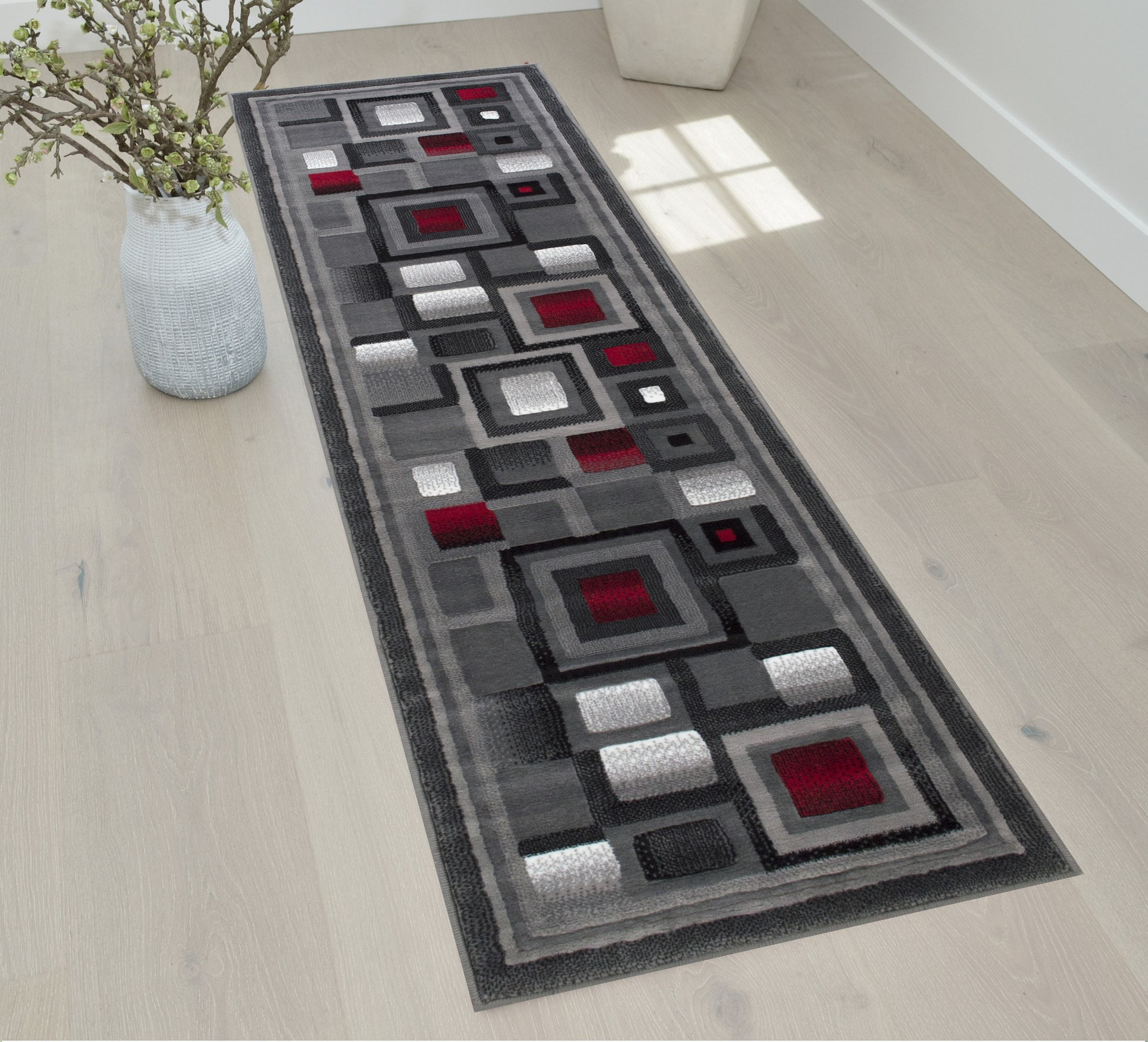 Geometric Square Pattern Area Rug Handcraft Abstract - Lava Red/Silver/Gray Geometric Modern Squares ...