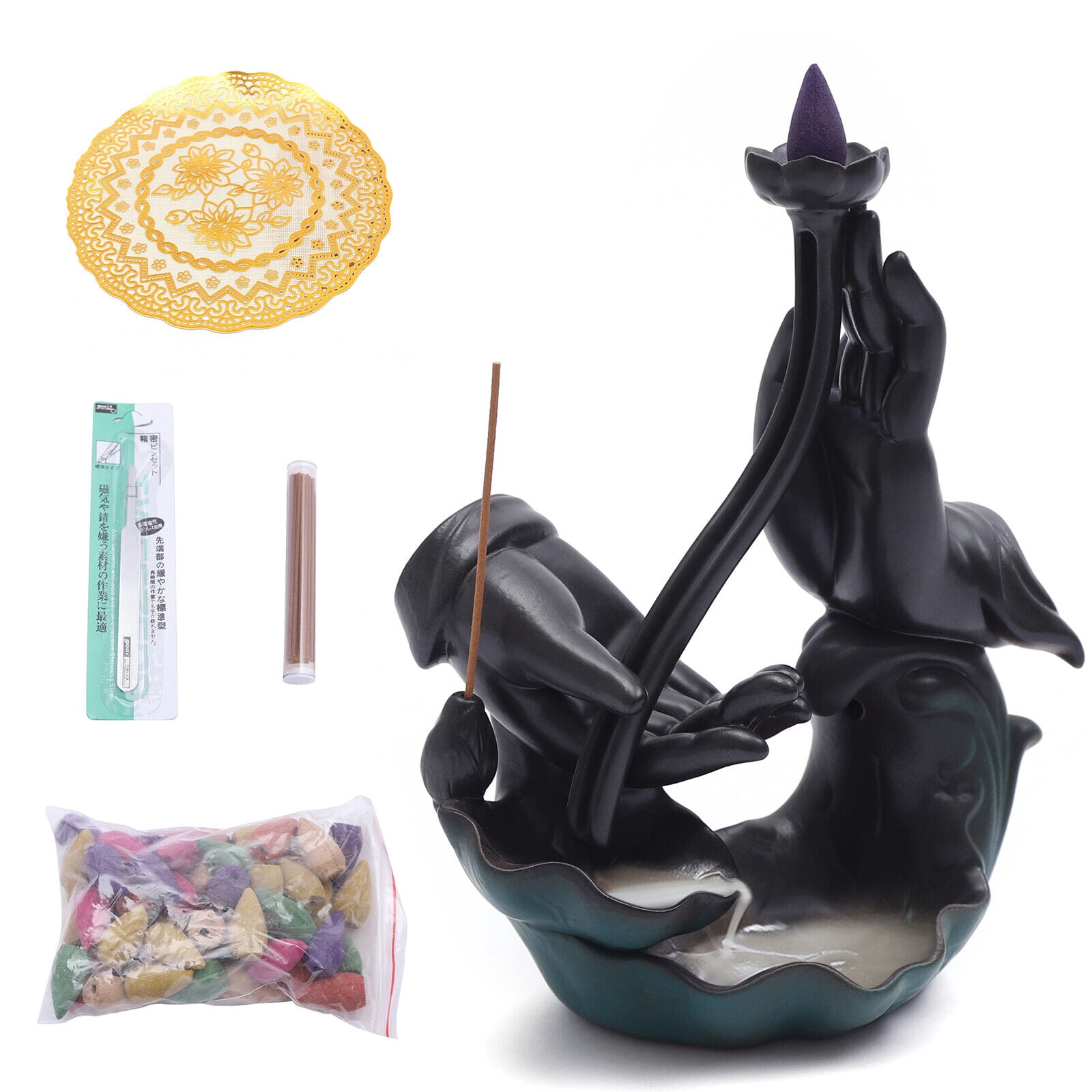 Handcraft Ceramic Backflow Waterfall Incense Burner Lotus/ Buddha Hand