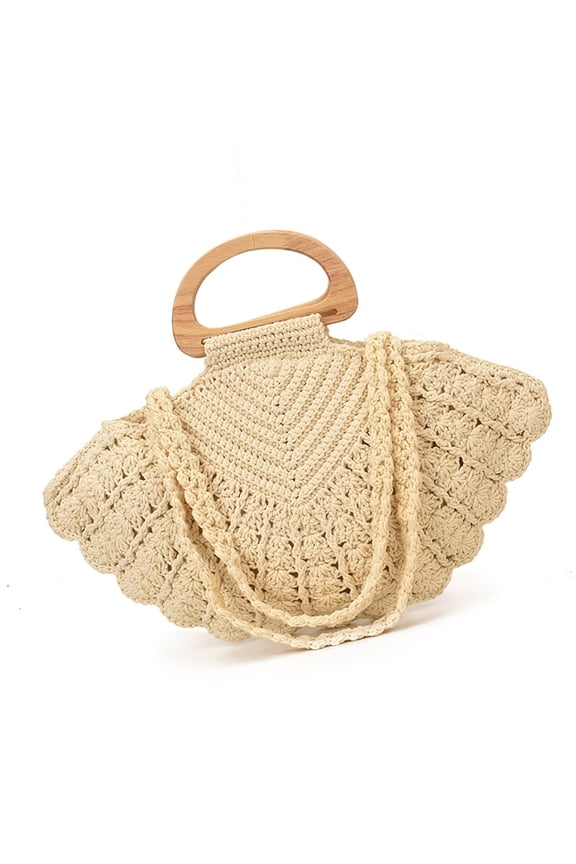 Handcraft Crochet Seashells Purse with Wooden Handle Summers Woven Handbag Small Shell Shoulder Bag Beach Bag