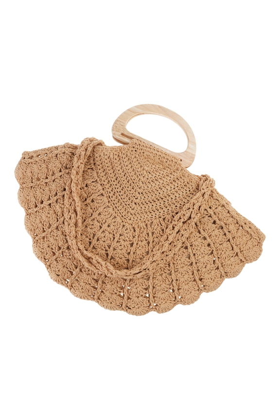 Handcraft Crochet Seashells Purse with Wooden Handle Summers Woven Handbag Small Shell Shoulder Bag Beach Bag