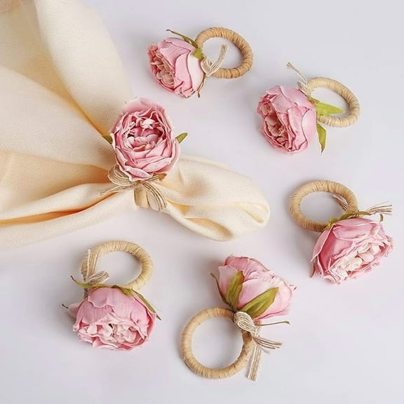 Handcraft Flower Napkin Rings Set of 6, Pink Flower Handmade Napkin Holder Rings Table Decorations for Wedding, Party, Picnics, Birthday ,Thanksgiving, Christmas