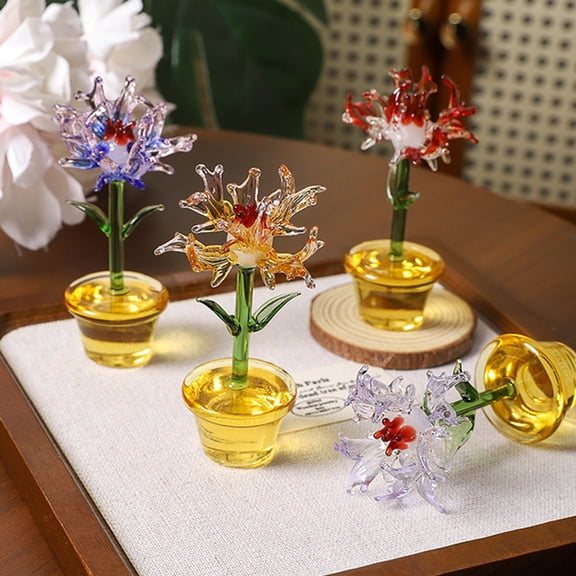 Handcraft Glass Flowers Figurines, Hand Blown Mini Potted Flower Ornament Collectible, Gifts for Mother's Day Birthday Christmas