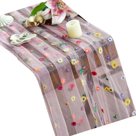 Handcraft Lace Embroidery Tablecloth Vibranting Florals Pattern Polyester Fabric for Dining Decoration