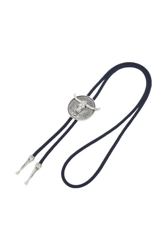 Handcraft Rope Bolo Tie with Engraved Bullhead Designs Pendant Necktie for Western Theme Party Roleplay Collar Tie