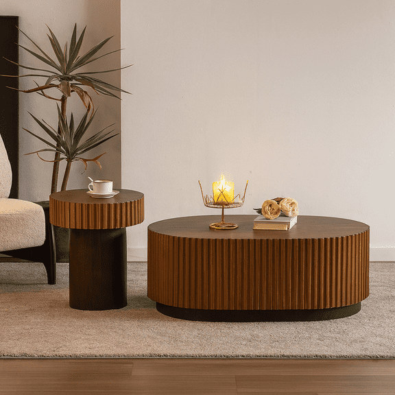 Handcraft Round Nesting Coffee Table Set of 2, - Chic Wave Stripe Edge, Modern Stylish Wooden Circle Fluted Center Table for Living Room