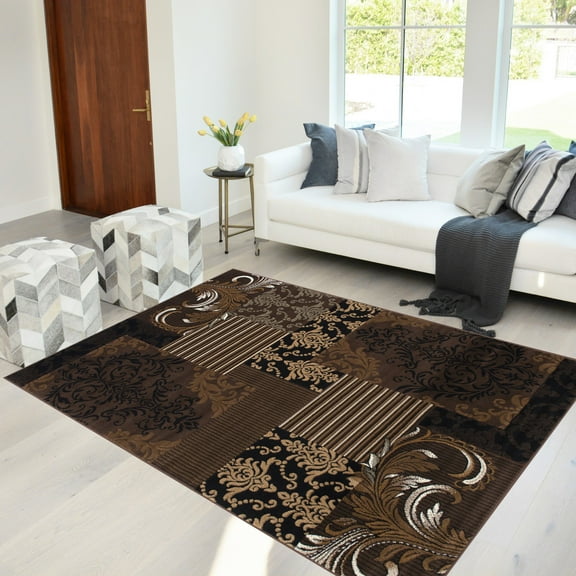 Handcraft Rugs - Abstract Area Rug Modern Contemporary Floral and Patchwork Geometric Design Chocolate Brown / Beige / Mocha / 5 ft.by 7 ft., Chocolate