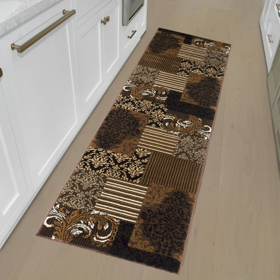 Handcraft Rugs - Abstract Area Rug Modern Contemporary Floral and Patchwork Geometric Design Chocolate Brown 2 ft. by 7 ft. Runner, Chocolate