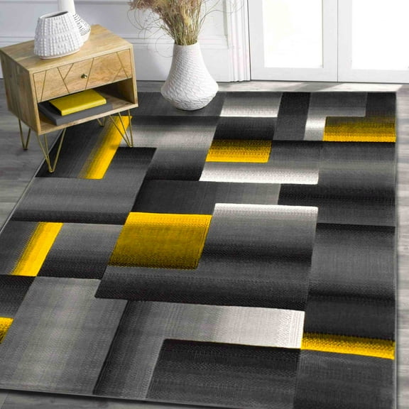 Handcraft Rugs Abstract Geometric Modern Squares Pattern Yellow/Silver/Grey Area Rug 8 X 10, Yellow