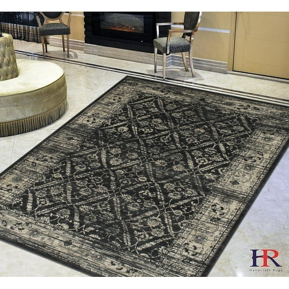 Handcraft Rugs-Beige/Black Persian Ziegler Allover Pattern Distressed  Modern Vintage Area Rug