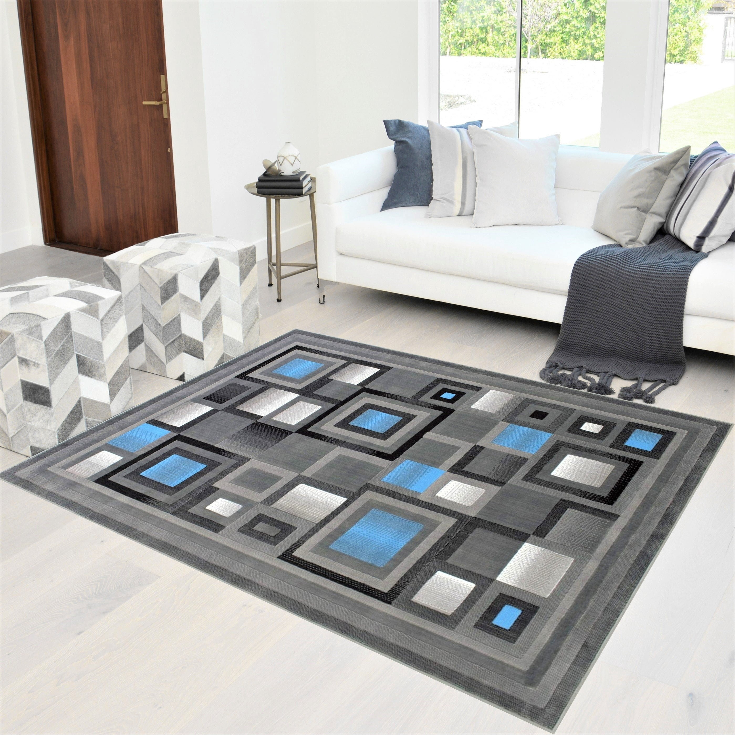 Geometric Square Pattern Area Rug Handcraft Rugs Blue/Silver/Gray Abstract Geometric Modern Squares ...