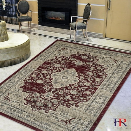 Handcraft Rugs-Burgundy Red/Beige Persian Isfahan Floral Pattern Distressed Modern Vintage Area Rug