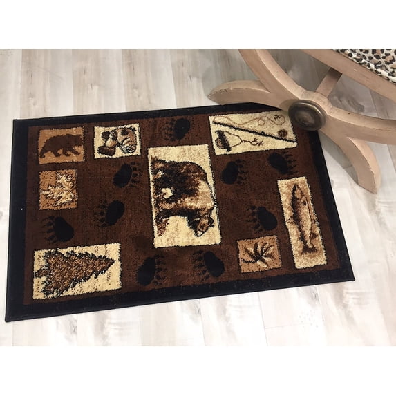 Handcraft Rugs Cabin Rug Lodge, Cabin Nature and Animals Area Rug Modern Geometric Design Cabin Area Rug Abstract, Chocolate/BeigeBear/Footprint/Trees/Fishing Equipment 2x 3 feet Doormat