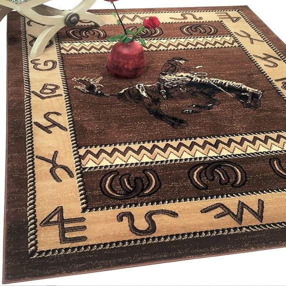 Handcraft Rugs Cabin Rug Lodge, Cabin Nature and Animals Area Rug Modern Geometric Design Cabin Area Rug Abstract, Chocolate Brown/BeigeHorse Riding 8x10 feet