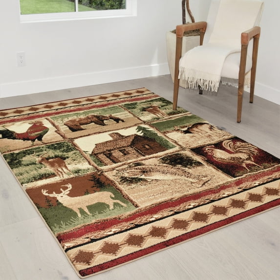Handcraft Rugs Cabin Rug Lodge, Cabin Nature and Animals Area Rug Modern Geometric Design Cabin Area Rug Abstract, Multicolor Design Fish/Bear/Moose/Stripped Patterns 5x7 feet