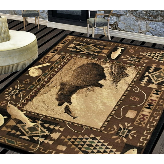 Handcraft Rugs Cabin Rug Lodge, Cabin Nature and Animals Area Rug Modern Southwestern Pattern Cabin Area Rug Abstract, Chocolate/Beige-Bear Hunting Fish 8x10 feet