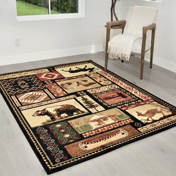 Handcraft Rugs Cabin Rug Lodge, Cabin Nature and Animals Area Rug Modern Stripped Design Cabin Area Rug Abstract, Multicolor Design Moose/Bear/Footprint 8x10 feet
