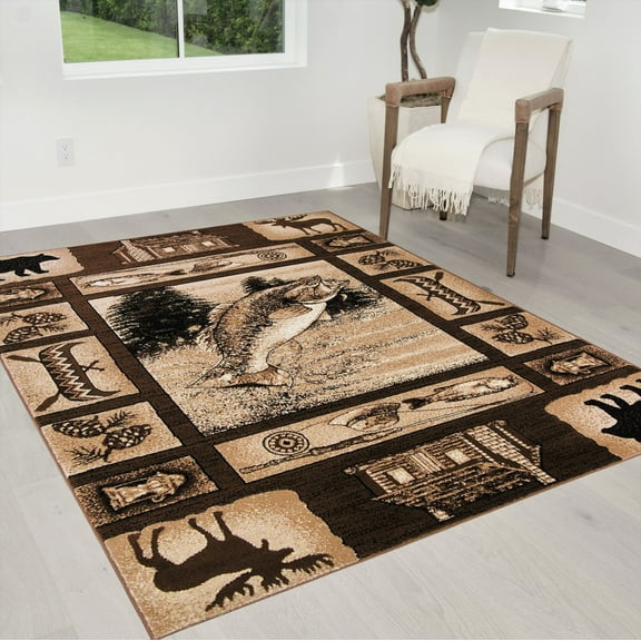 Handcraft Rugs Cabin Rug Lodge, Cabin Nature and Animals Area Rug Modern Geometric Design Cabin Area Rug Abstract, Multicolor Design Moose/Kayak/Fishing Equipment/Big Fish 8x10 feet