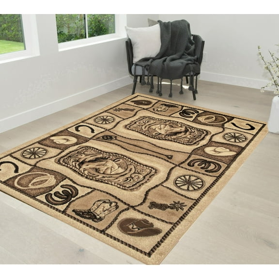 Handcraft Rugs Cabin Rug  Lodge, Cabin Nature and Animals Area Rug  Modern Geometric Pattern Cabin Area Rug  Abstract, Chocolate/Beige-Horse/Cowboy Boots-Hat/Horseshoe 5x7 feet