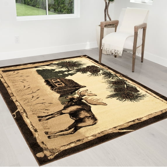 Handcraft Rugs Cabin Rug Lodge, Cabin Nature and Animals Area Rug Modern Nature Pattern Cabin Area Rug Abstract, Chocolate/Beige/Green-Bear/Lodge 8x10 feet