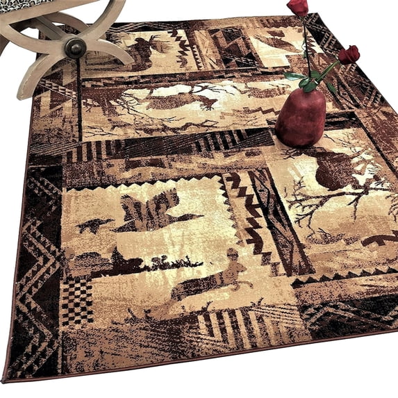 Handcraft Rugs Cabin Rug Lodge, Cabin Nature and Animals Area Rug Modern Nature Pattern Cabin Area Rug Abstract, Chocolate Brown/Beige-Rabbit/Deer/Moose/Birds 2x 3 feet Doormat