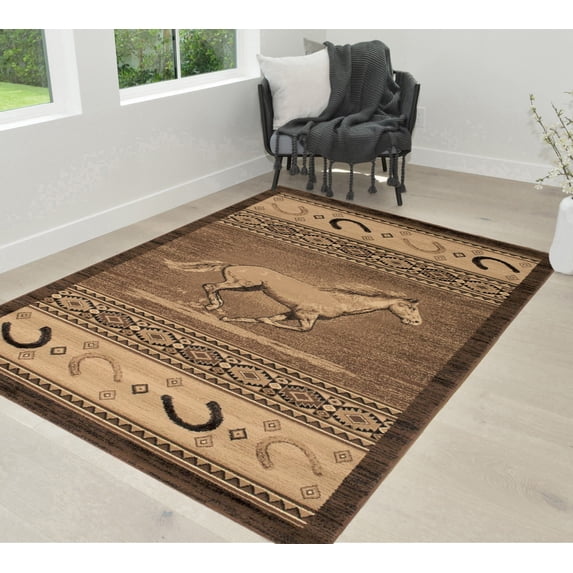 Handcraft Rugs Cabin Rug Lodge, Cabin Nature and Animals Area Rug Modern Southwestern Design Cabin Area Rug Abstract, Chocolate-Horse/Horse Shoe 8x10 feet