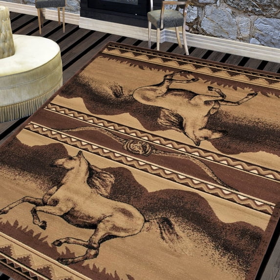 Handcraft Rugs Cabin Rug Lodge, Cabin Nature and Animals Area Rug Modern Stripped Pattern Cabin Area Rug Abstract, Chocolate/Beige-Horse/Mountain 4x5 feet