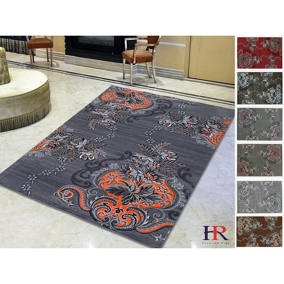 Handcraft Rugs - Electric Orange/Gray/Silver/Black/Abstract Area Rug Modern Contemporary Flower-patterned Design