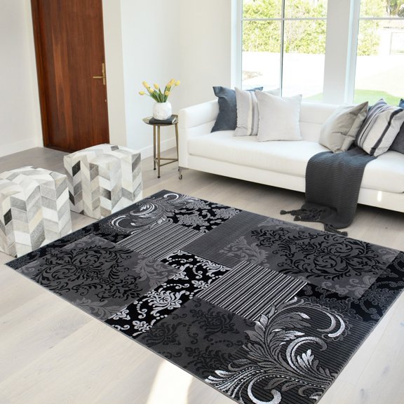 Handcraft Rugs - Gray/ Silver/ Black/ Abstract Area Rug Modern Contemporary Floral and Patchwork Geometric Design for Living Room / Guest Room / Dining Room / Office