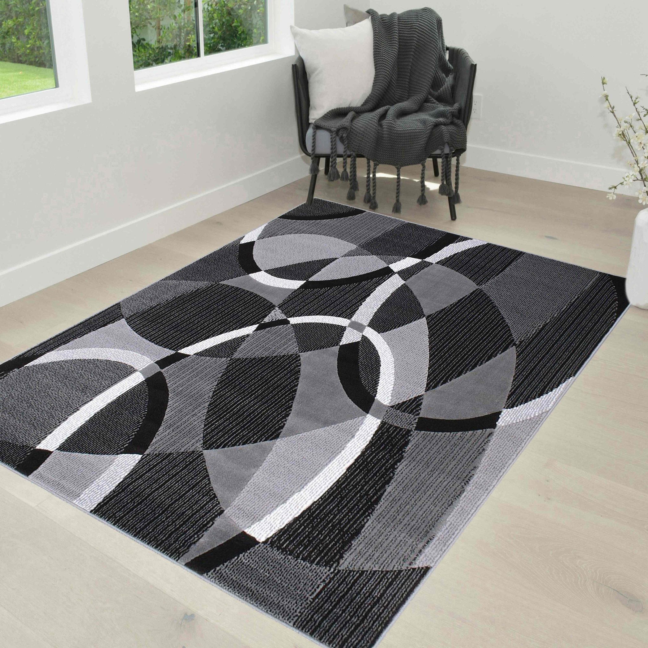 HR HANDCRAFT RUGS Modern Abstract Area Rug – Yellow/Grey/Silver/Black Circles, 2'x7' Runner
