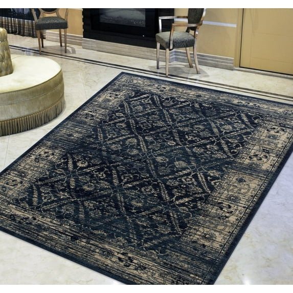 Handcraft Rugs-Midnight Blue/Beige Persian Zigler Allover Pattern Distressed  Modern Vintage Area Rug