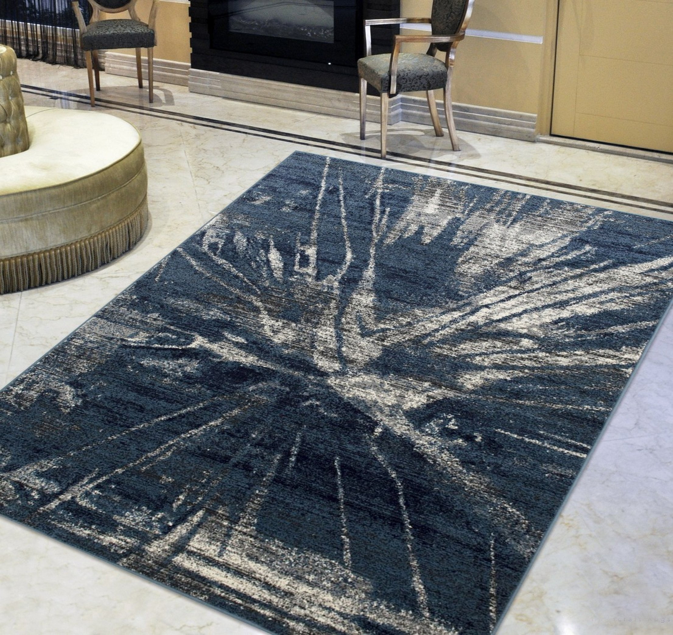 Midnight Ruge Color Handcraft Rugs-Midnight Blue/Beige Splash Abstract Pattern Distressed ...