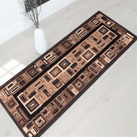 Handcraft Rugs-Modern Contemporary Brand New Area Rugs-Abstract Carpet with Frame/Boxy/Cube Pattern-Shed free Black/Chocolate Brown/Ivory2x7 feet Runner