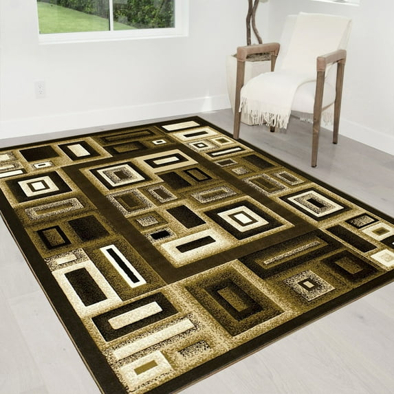Handcraft Rugs-Modern Contemporary Brand New Area Rugs-Abstract Carpet with Frame/Boxy/Cube Pattern-Shed free Chocolate Brown/Black/Ivory/Beige5x7 feet