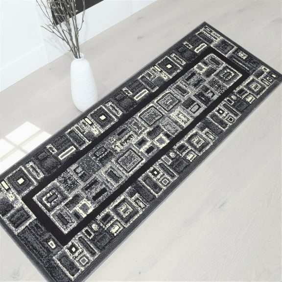 Handcraft Rugs-Modern Contemporary Brand New Area Rugs-Abstract Carpet with Frame/Boxy/Cube Pattern-Shed free Gray/Ivory/White/Black2x7 feet Runner