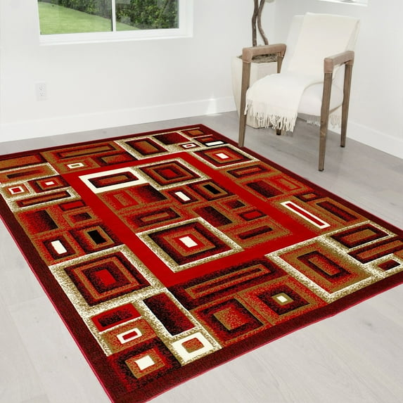 Handcraft Rugs-Modern Contemporary Brand New Area Rugs-Abstract Carpet with Frame/Boxy/Cube Pattern-Shed free Red/Mocha/Ivory/Black 8x10 feet