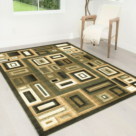 Handcraft Rugs-Modern Contemporary Brand New Area Rugs-Abstract Carpet with Frame/Boxy/Cube Pattern-Shed free Sage Green/Ivory/Mocha 8x10 feet