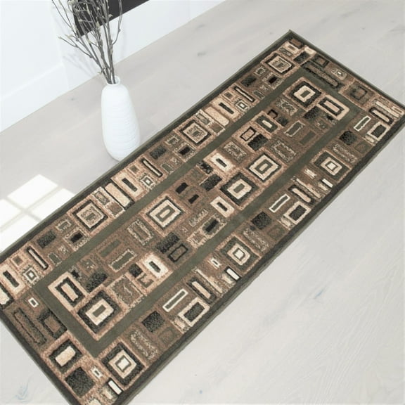Handcraft Rugs-Modern Contemporary Brand New Area Rugs-Abstract Carpet with Frame/Boxy/Cube Pattern-Shed free Sage Green/Ivory/Mocha2x7 feet Runner