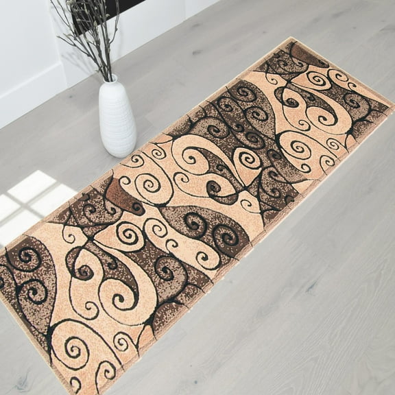 Handcraft Rugs-Modern Contemporary Brand New Area Rugs-Abstract Carpet with Wavy Swirls -Shed free Beige/Chocolate/Mocha/Ivory 2x7 feet Runner