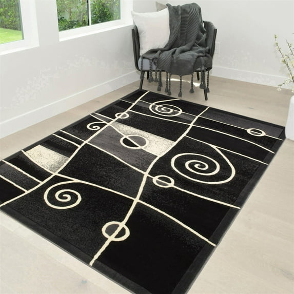 Handcraft Rugs-Modern Contemporary Brand New Area Rugs-Abstract Carpet with Wavy Swirls -Shed free Black/White/Gray/Ivory 5x7 feet