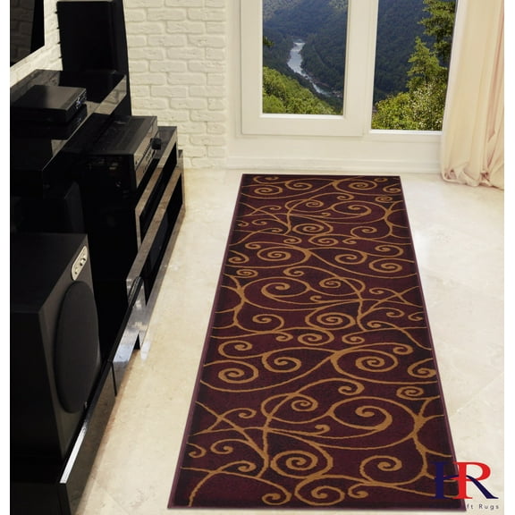 Handcraft Rugs-Modern Contemporary Brand New Area Rugs-Abstract Carpet with Wavy Swirls -Shed free Burgundy Red/Beige/Ivory/Black2x7 feet Runner