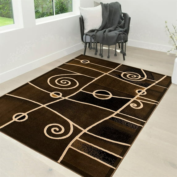 Handcraft Rugs-Modern Contemporary Brand New Area Rugs-Abstract Carpet with Wavy Swirls -Shed free Chocolate Brown/Black/Ivory/Beige 8x10 feet