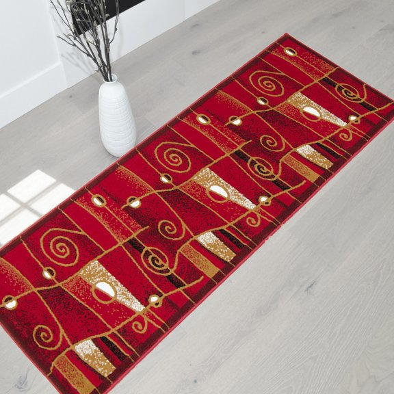 Handcraft Rugs-Modern Contemporary Brand New Area Rugs-Abstract Carpet with Wavy Swirls -Shed free Red/Mocha/Ivory/Black2x7 feet Runner