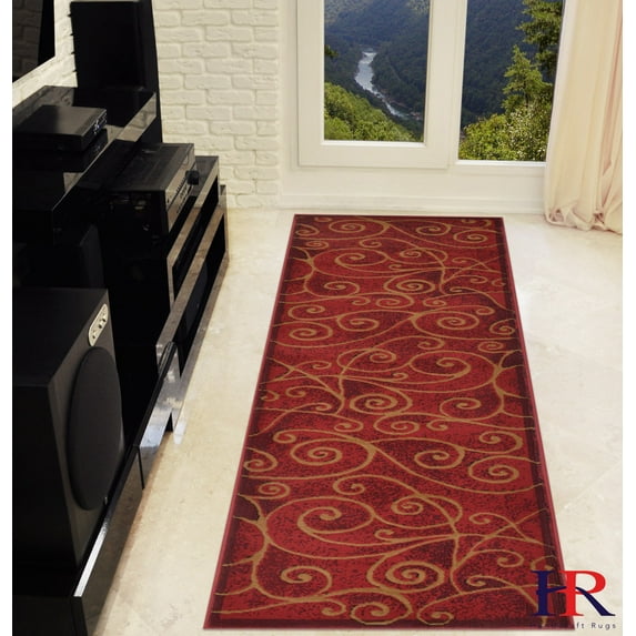 Handcraft Rugs-Modern Contemporary Brand New Area Rugs-Abstract Carpet with Wavy Swirls -Shed free Red/Mocha/Ivory/Black2x7 feet Runner