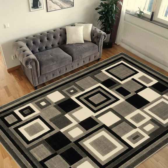 Handcraft Rugs-Modern Contemporary Living Room Rugs-Abstract Carpet with Geometric Pattern-Gray/Black/White/Ivory 5x7 feet