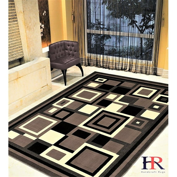 Handcraft Rugs-Modern Contemporary Living Room Rugs-Abstract Carpet with Geometric Pattern-Khaki/Black/White/Ivory 2x 3 feet Doormat